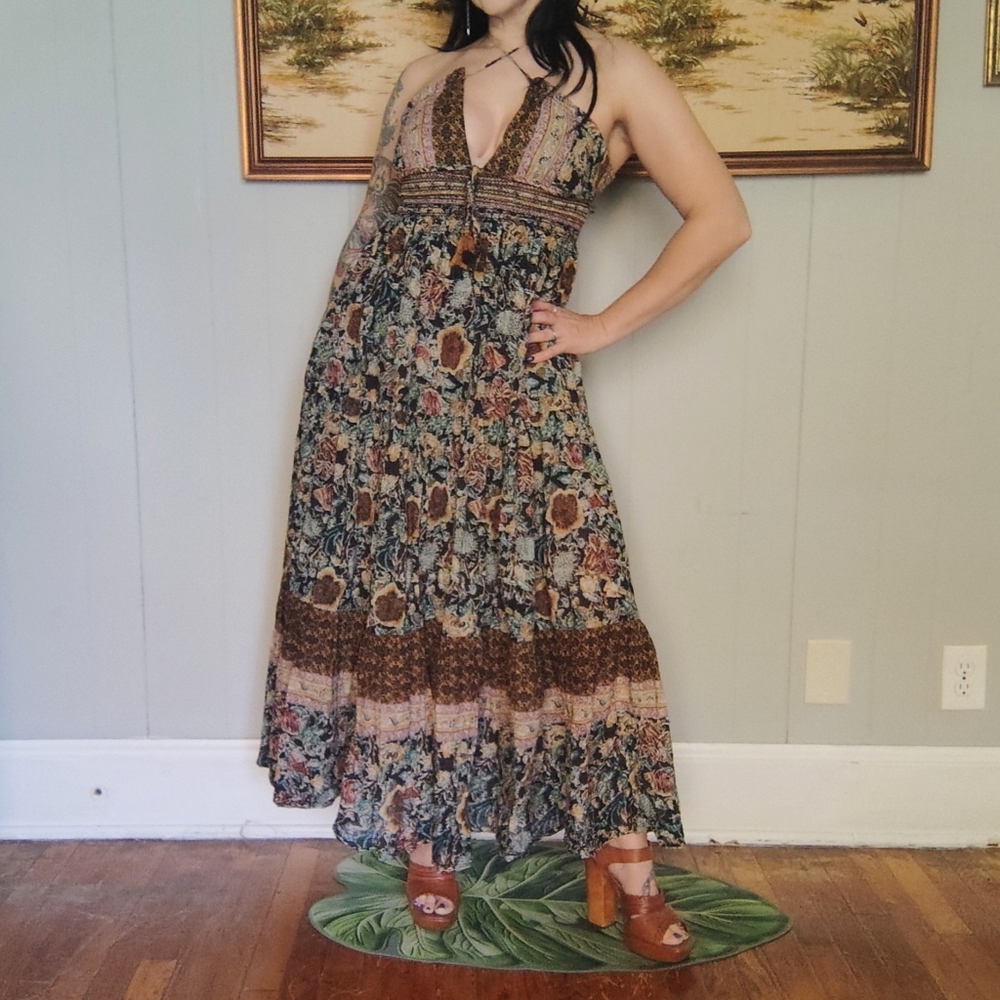 Free People Real Love Strappy Boho Brown Floral Maxi Halter Dress Small Pockets - Picture 9 of 14